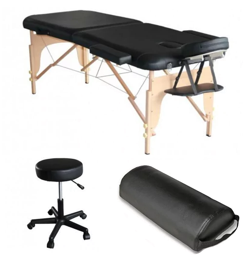 Pack Mediprem Eco Pro Negro: su camilla de masaje plegable en madera Mediprem con taburete y cojín de masaje